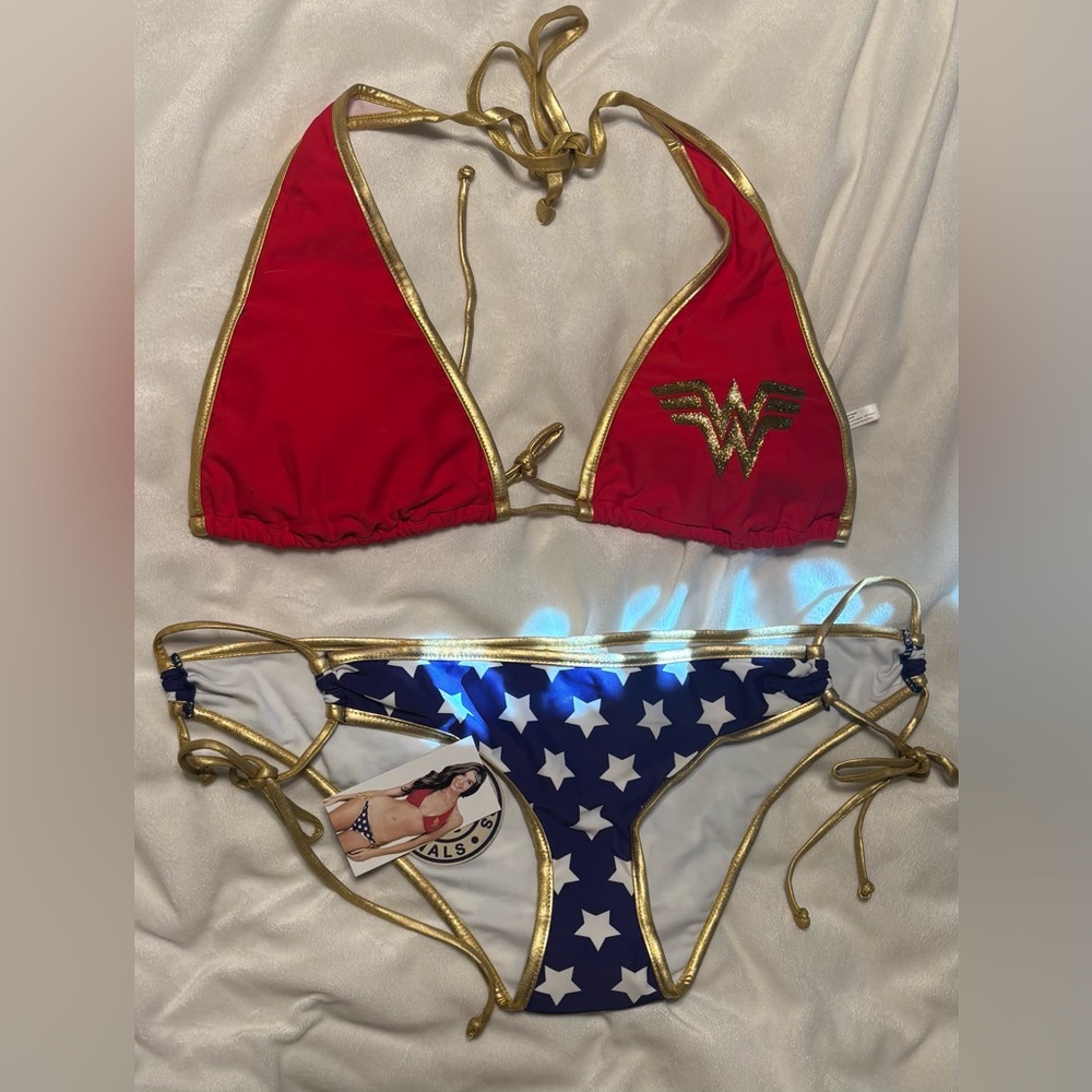 Wonder Woman Inspired Red & Blue Bikini Set with Gold Trim